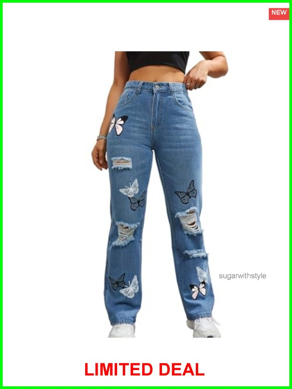 Womens Baggy Ripped Jeans High Waist Butterfly Distressed Straight Denim